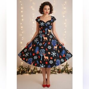 Women's Cap Sleeve 1950 Retro Vintage Cocktail Swing Holiday Reindeer Dress Midi